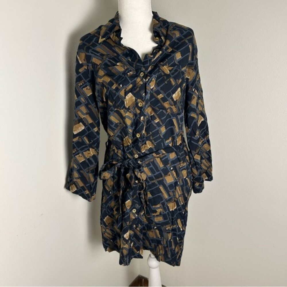 I Am Sunshine Navy & Gold Geometric Shirt Dress Tie Waist Size L